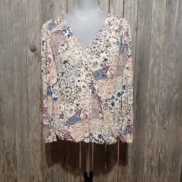 Knox Rose XL Top Blouse Cream Floral Paisley Surplice Smocked Cinched Waist Boho - Picture 1 of 8